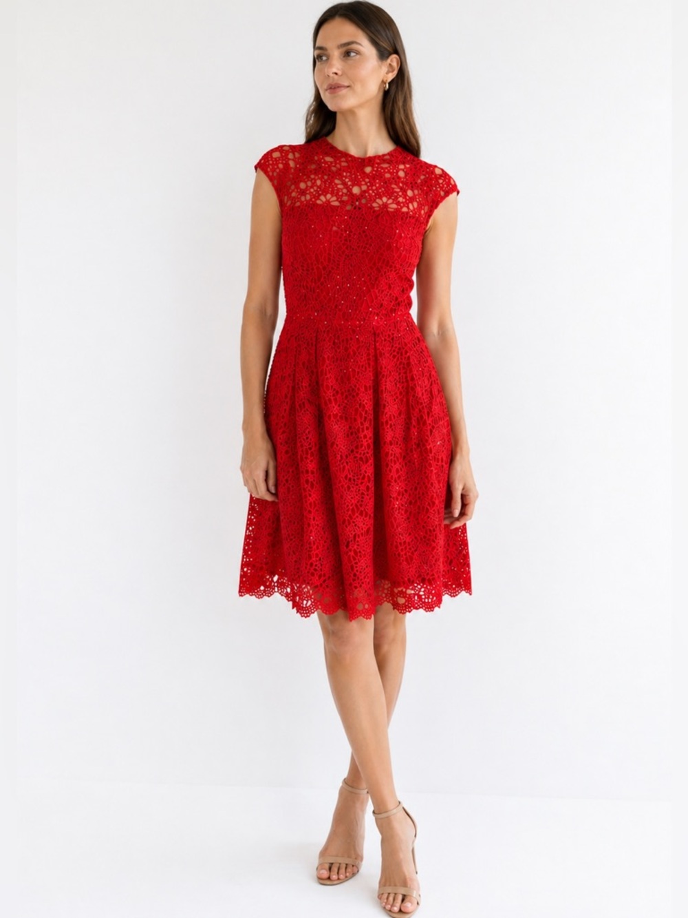 Lela Rose Red Jeweled Crochet Lace Fit & Flare Cocktail Dress Size 10 Large
